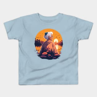 Old Woman in a River with a Sunset Kids T-Shirt